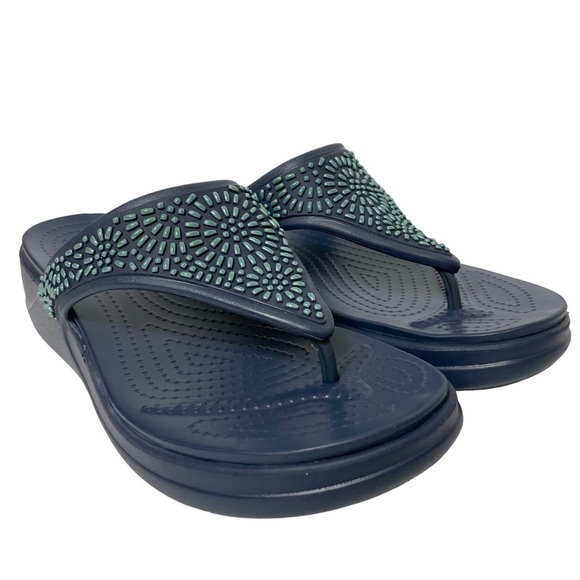 NWOT Crocs Monterey Diamante Blue Embellished Wedge Thong Sandals Size 11 - Picture 6 of 14